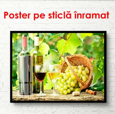 Poster - Bottles with wine and glasses on the background of the vineyard, 90 x 60 см, Framed poster, Food and Drinks