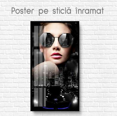 Постер - Гламурная Леди, ночной город и БМВ, 30 x 60 см, Холст на подрамнике