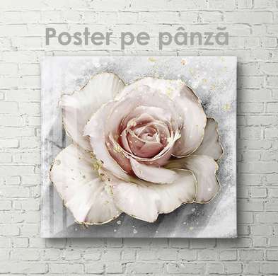 Poster - Delicate rose with golden edges, 100 x 100 см, Framed poster on glass
