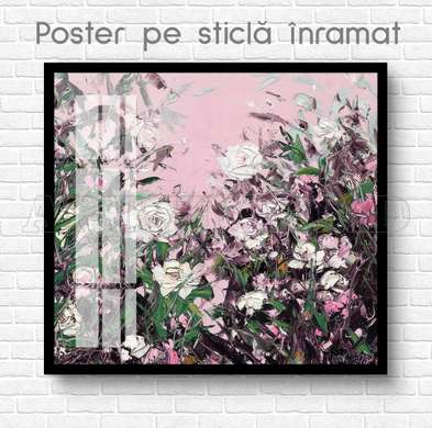 Poster - Trandafiri delicati pe un fundal roz, 100 x 100 см, Poster inramat pe sticla, Flori