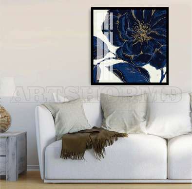 Poster - Blue flower with golden edges, 100 x 100 см, Framed poster on glass, Botanical