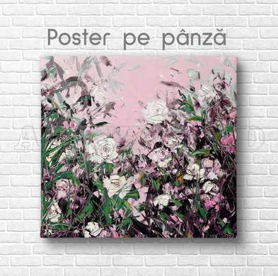 Poster - Delicate roses on a pink background, 100 x 100 см, Framed poster on glass, Flowers