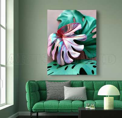 Poster - Pink and green monstera leaves, 30 x 45 см, Canvas on frame, Botanical