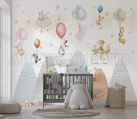 Wall Mural - Cute little animals against the backdrop of mountains