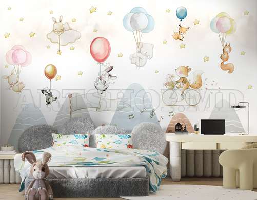 Wall Mural - Cute little animals against the backdrop of mountains