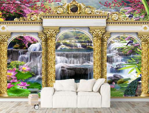 Wall Mural - Golden arches on the background of a waterfall