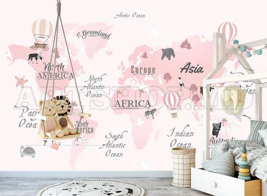 Nursery Wall Mural - Pink card with animals and plants