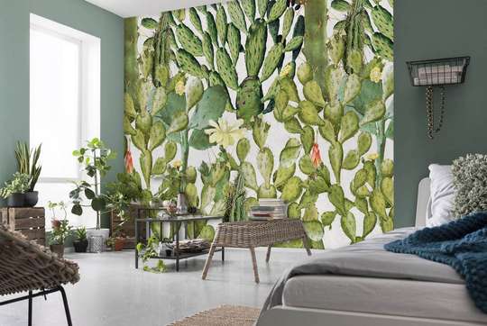 Wall Mural - Green cacti on a white background