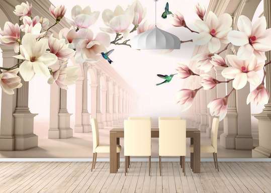 3D Wallpaper - White magnolia and buzzing birds on the background of the Greek column