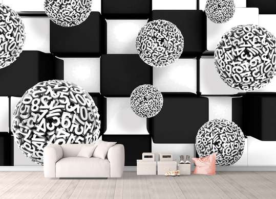 3D Wallpaper - Spheres from letters on a background of squares
