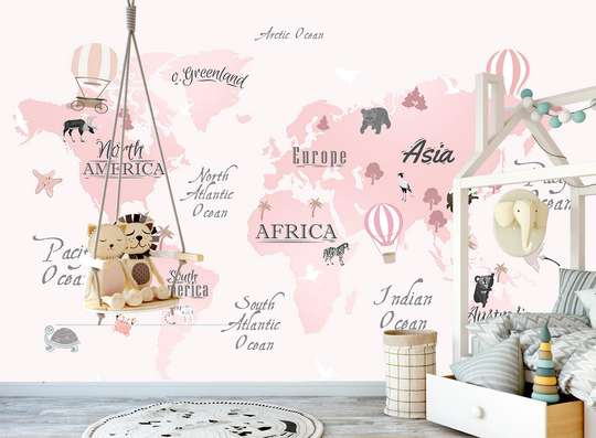 Nursery Wall Mural - Pink card with animals and plants