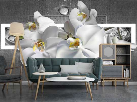 3D Фотообои, Белая орхидея на сером фоне