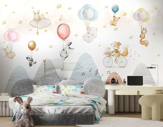 Wall Mural - Cute little animals against the backdrop of mountains