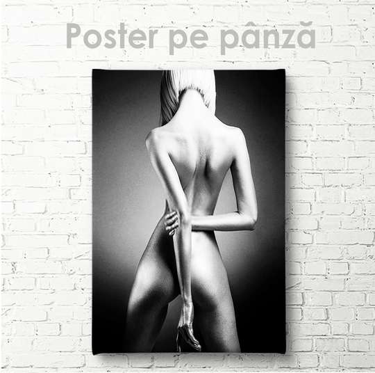 Постер - Черно белое изображение девушке, 60 x 90 см, Холст на подрамнике, Ню
