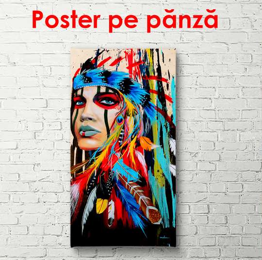 Постер - Индеец нарисованный в ярких красках, 50 x 150 см, Постер в раме