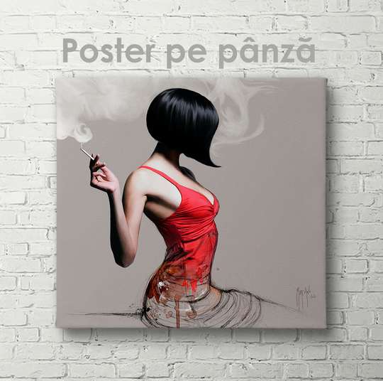 Poster - Fată cu freză și într-o rochie roșie, 40 x 40 см, Panza pe cadru
