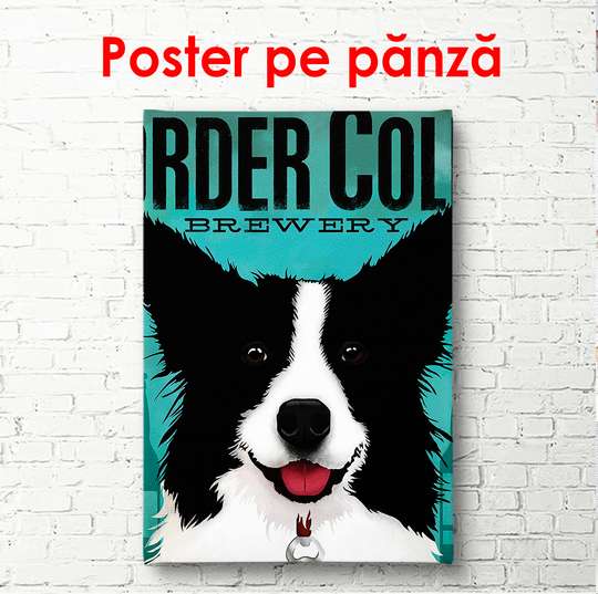 Постер, Черно белый пес на синем фоне, 60 x 90 см, Постер в раме, Животные