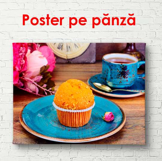 Orange color muffin on a blue table, 90 x 60 см, Framed poster