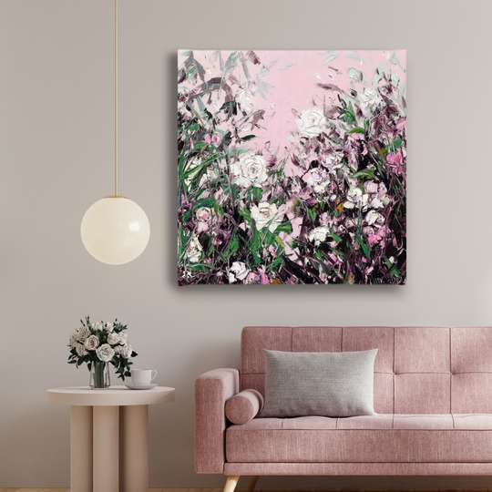 Poster, Trandafiri delicati pe un fundal roz, 40 x 40 см, Panza pe cadru