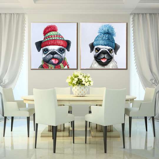 Poster - Cute Pugs, 80 x 80 см, Framed poster on glass