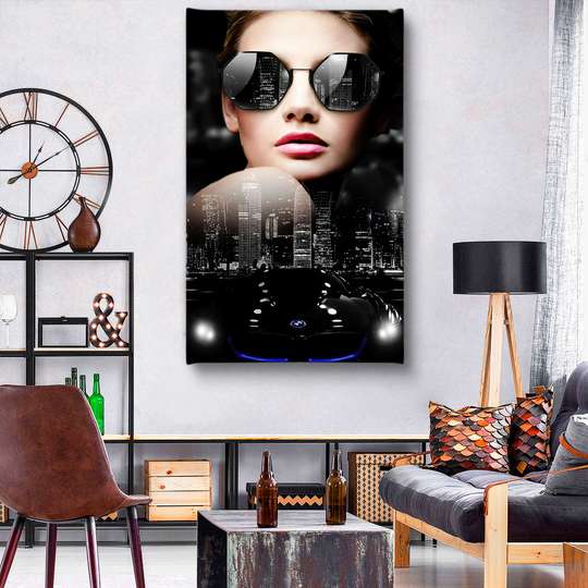 Poster, Glamour Lady, Oraș de noapte și BMW, 30 x 60 см, Panza pe cadru