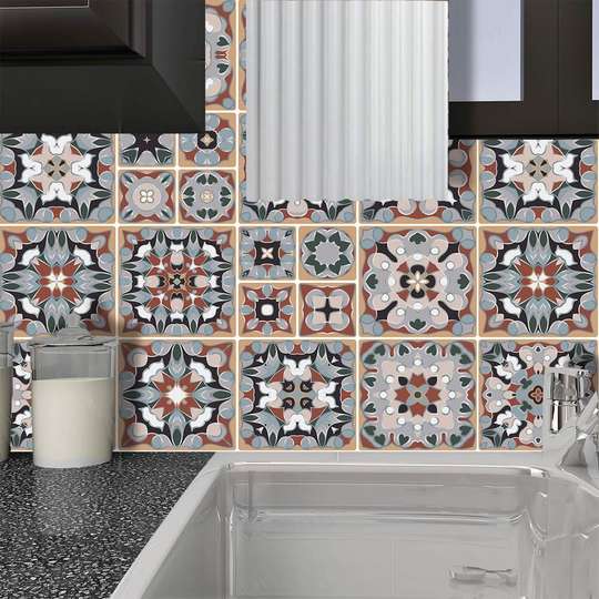 Tiles in retro colors with patterns in ethnic style, Imitation tiles