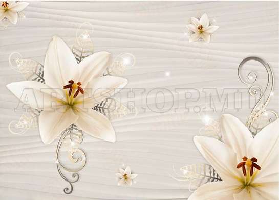 Фотообои - Белые лилии и серебренные узоры