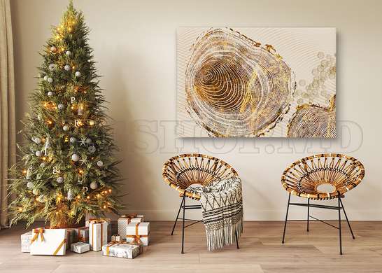 Poster - Gold Tree Rings & Beige Background, 90 x 60 см, Framed poster on glass, Abstract