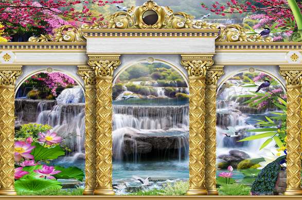 Wall Mural - Golden arches on the background of a waterfall