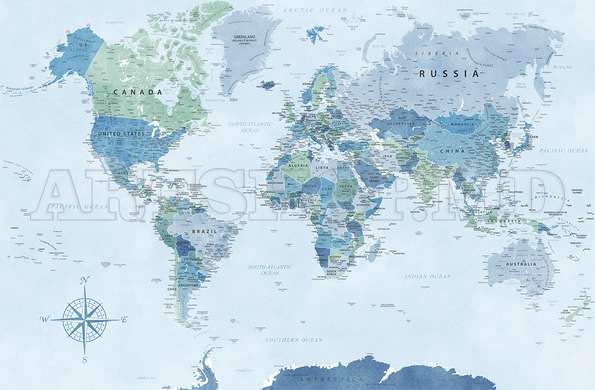 Wall mural - World map in shades of blue