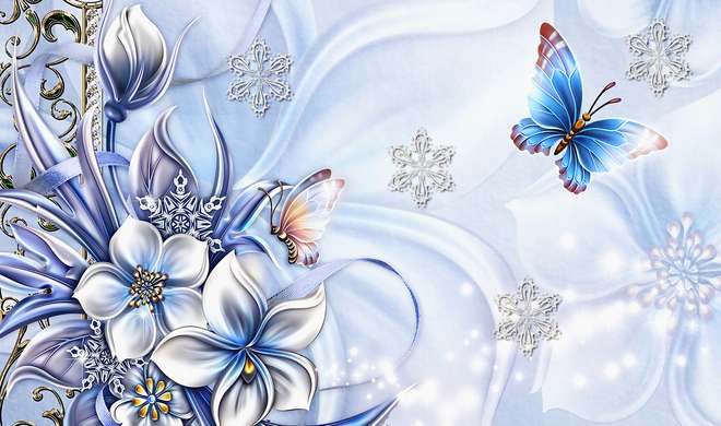 Fototapet - Flori albastre și fluturi cu fulgi de zăpadă