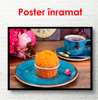 Orange color muffin on a blue table, 90 x 60 см, Framed poster, Food and Drinks