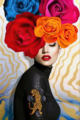 Постер - Дама с разноцветными цветами, 60 x 90 см, Постер на Стекле в раме, Гламур