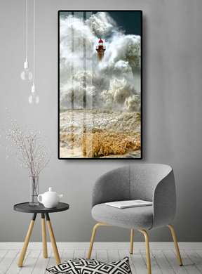 Poster - Lighthouse and the Raging Sea, 45 x 90 см, Framed poster on glass