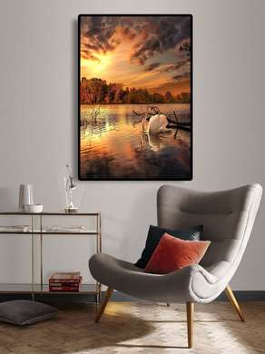 Poster - Lebăda pe fundalul apusului soarelui, 60 x 90 см, Poster inramat pe sticla