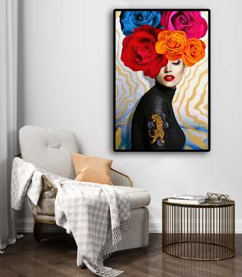 Постер - Дама с разноцветными цветами, 30 x 45 см, Холст на подрамнике