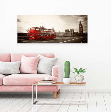 Poster - Retro photo of a red bus in London, 150 x 50 см, Framed poster on glass
