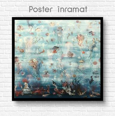Poster - Underwater world, 100 x 100 см, Framed poster on glass, Marine Theme