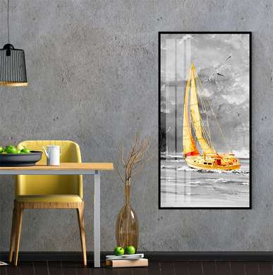 Poster - Golden sailing yacht, 30 x 90 см, Canvas on frame, Transport