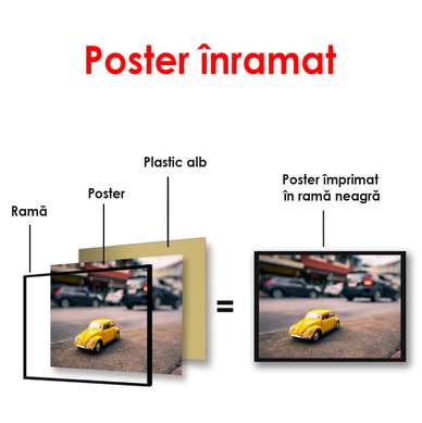 Постер - Маленький желтый автомобиль на фоне огромного города, 90 x 60 см, Постер в раме, Транспорт