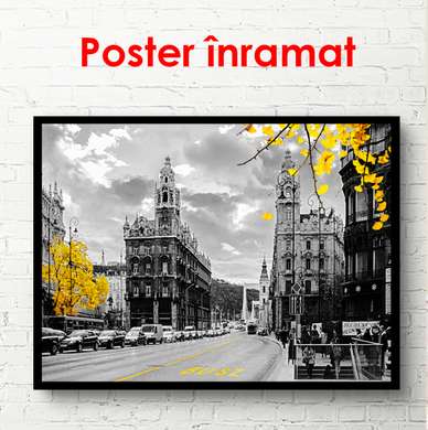 Постер - Старинный город с желтыми листьями, 45 x 30 см, Холст на подрамнике, Города и Карты