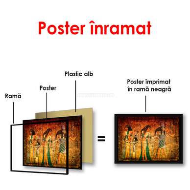 Poster - Picturi retro cu egiptenii pe un fundal de perete, 90 x 60 см, Poster înrămat, Vintage