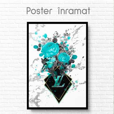 Poster - Glamorous Turquoise Flowers, 60 x 90 см, Framed poster on glass, Glamour