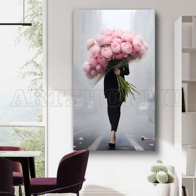 Poster - The girl with a bouquet of pink peonies, 30 x 60 см, Framed poster, Glamour