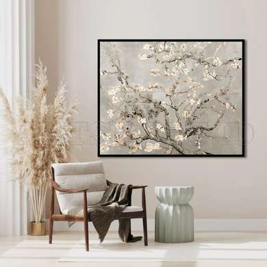 Poster - Blooming Almond Branches on beige background, 90 x 60 см, Framed poster on glass, Picturi