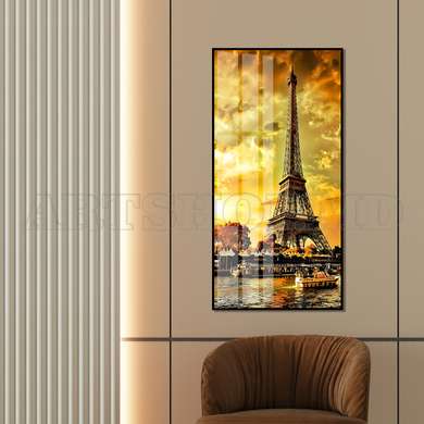 Poster - The golden sunset and the Eiffel Tower, 45 x 90 см, Framed poster on glass, Maps and Cities