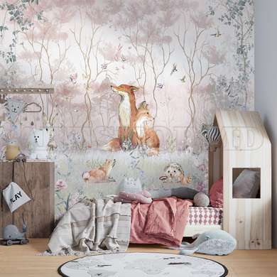 Wall Mural - The fox family in the pink forest