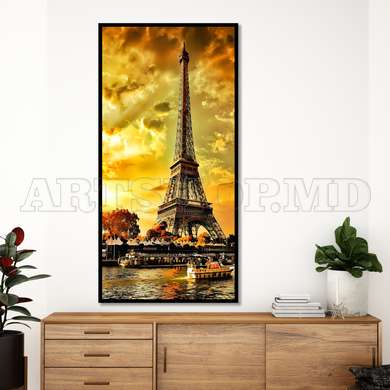 Poster - Apusul auriu si Turnul Eiffel, 45 x 90 см, Poster inramat pe sticla, Orașe și Hărți