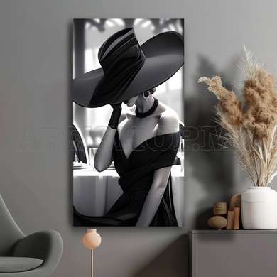 Poster - The girl with the black and white hat, 45 x 90 см, Framed poster on glass, Glamour