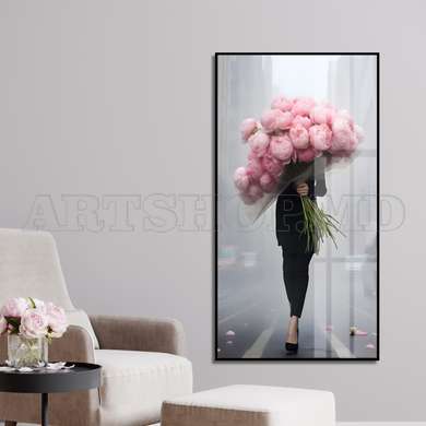 Poster - The girl with a bouquet of pink peonies, 30 x 60 см, Framed poster, Glamour